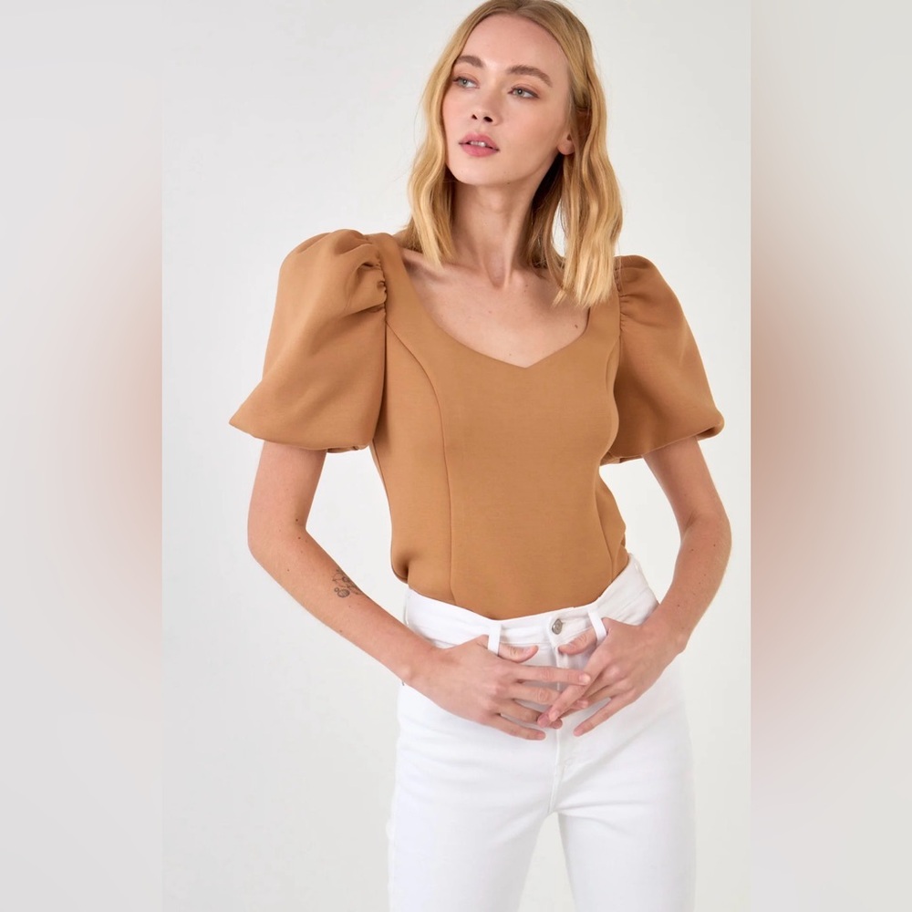 English Factory Scuba Puff Sleeve Top sz XS Brown Stretch  Office Work Night Out